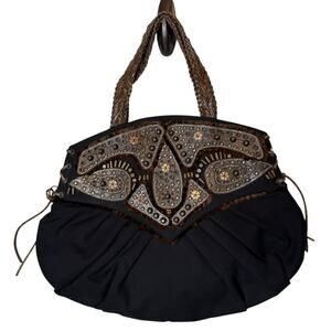 Braccialini Tua Canvas Beaded Studded Tote Black‎ Leather Detail Embellished
